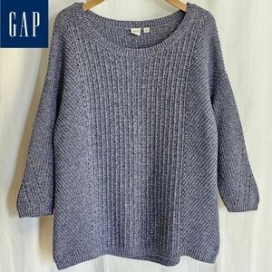 GAP Navy Blue 3/4 Sleeve Round Neck Pointelle Knit Sweater